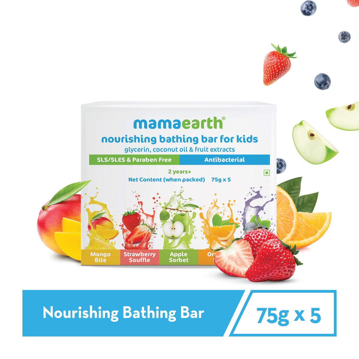 Mamaearth Fruit based Nourishing Clear Bathing Bar Baby Antibacterial Soap with Glycerine,SLS & paraben Free, For 2+ years age Kids | 75g x 5